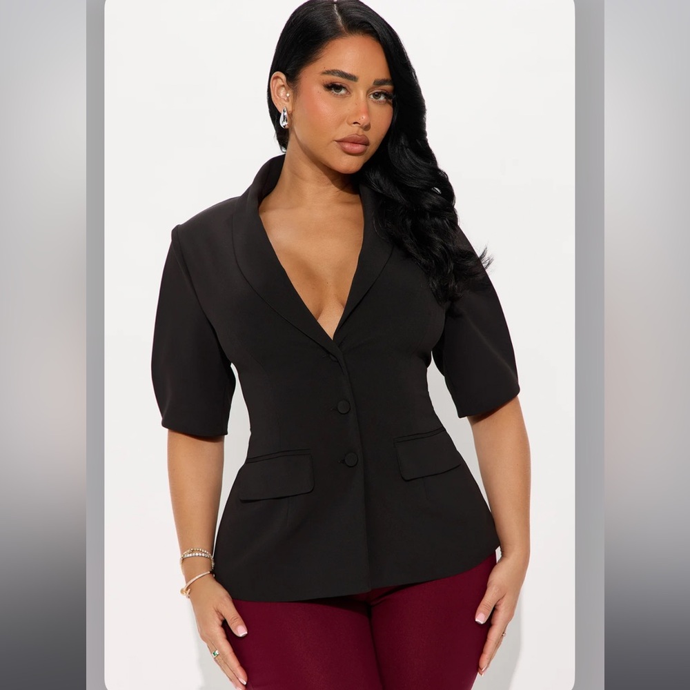 Elegant Black Blazer - Short Sleeve Blazer Top - Black
